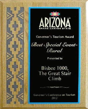 Brown and black award plaque with a decorative design on the left and gold text on the right