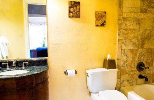 Bathroom with mahogany half-circle sink, toilet and tiled shower